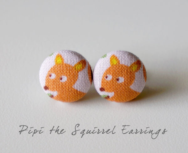 Pipi the Squirrel Handmade Fabric Button Earrings