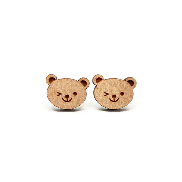 Winking Bear Laser Cut Wood Earrings