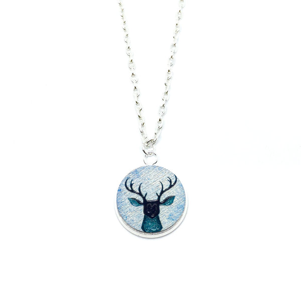 Vintage Blue Deer Wood Pendant Necklace