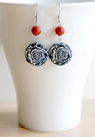 Rosette Dangle Handmade Fabric Button Earrings