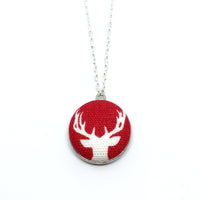 White Reindeer Handmade Fabric Button Christmas Necklace