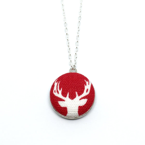 White Reindeer Handmade Fabric Button Christmas Necklace