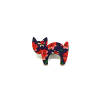 Red Floral Scaredy Cat Wooden Brooch Pin