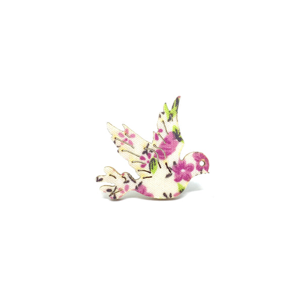 Pink Floral Dove Wooden Brooch Pin