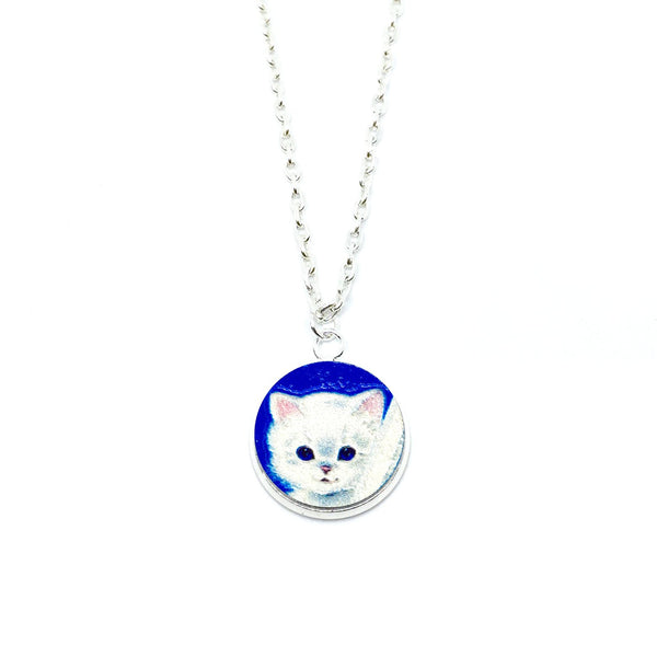 Adorable Snow Cat Wood Pendant Necklace