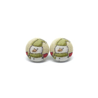 Snowman With Green Hat Handmade Fabric Button Earrings