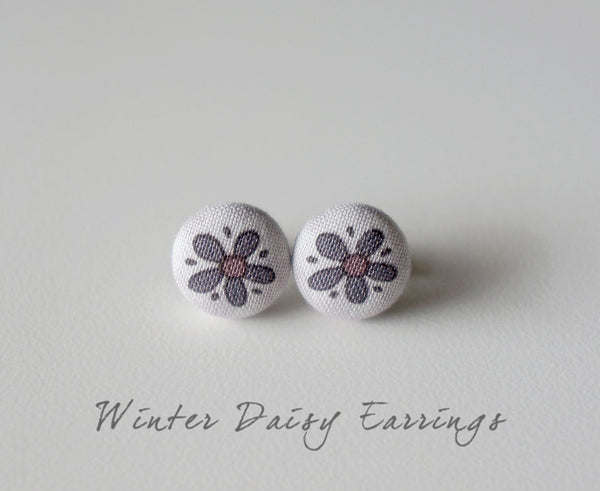 Winter Daisy Handmade Fabric Button Earrings