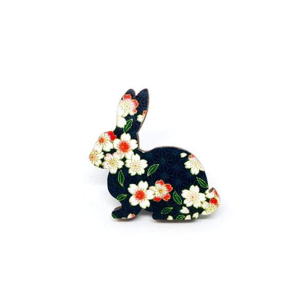 Black Floral Rabbit Wooden Brooch Pin