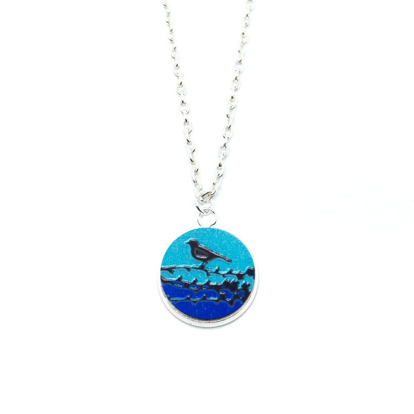 Bird On A Branch Blue Wood Pendant Necklace