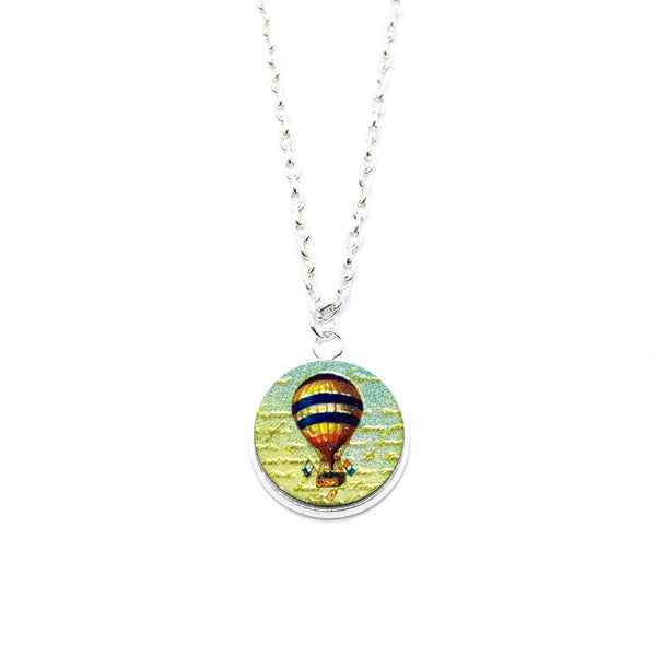 Vintage Hot Air Balloon Wood Pendant Necklace