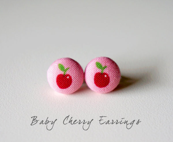 Baby Cherry Handmade Fabric Button Earrings