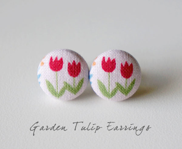 Garden Tulip Handmade Fabric Button Earrings