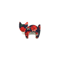 Red Floral Scaredy Cat Wooden Brooch Pin