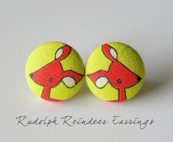 Rudolph Reindeer Handmade Fabric Button Earrings