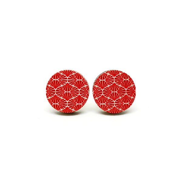Geometric Red Waves Wooden Earrings