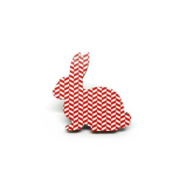 Red Chevron Rabbit Wooden Brooch Pin